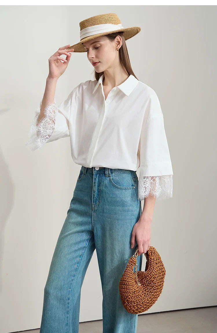 Minimalist Cotton  Shirts for Women 2025 Summer New Solid Lapel Shoulder Half-sleeve Lace Splicing Loose Tops 12542096