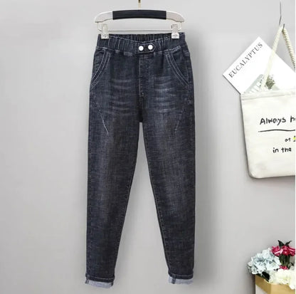 Large Size Baggy Jeans Woman High Waist Loose Harem Pants Elastic Cotton Denim Pants Women Denim Jeans Mom Ripped Jeans