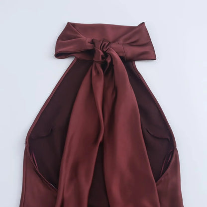 Dress for Women Fashion 2024 Autumn New Bow Sexy Backless French Elegant Halter Neck Satin Texture Midi Dresses