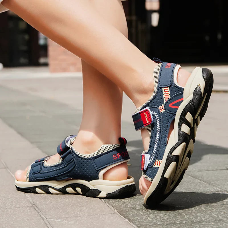 New Design Kids Sandals Boys Barefoot Shoes Summer Beach Waterproof Casual Sneaker PU Leather Sports Sandals for Boy 4-12 Years