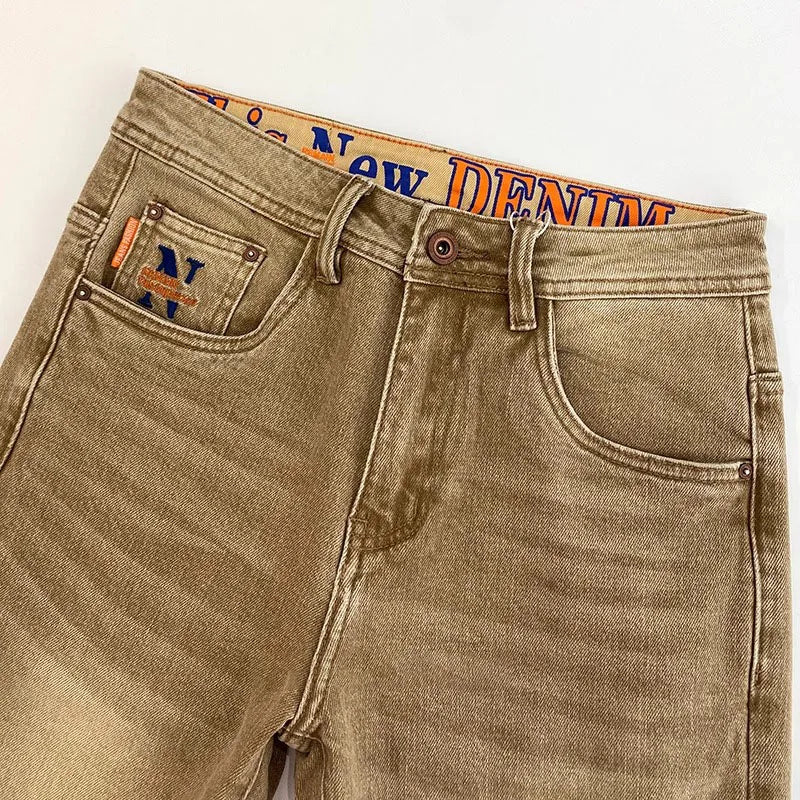 Elegant Slim Fit Men's Jeans Casual Khaki Straight Leg Elastic Fashionable City Style Summer Denim Pants Youth Wear