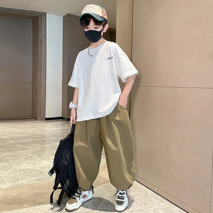 Teens Children's Summer Sets for Boys Clothing Cotton Set 2025 New Fashion Kids Loose Handsome T-shirt+ Lantern Pants Set Outfit
