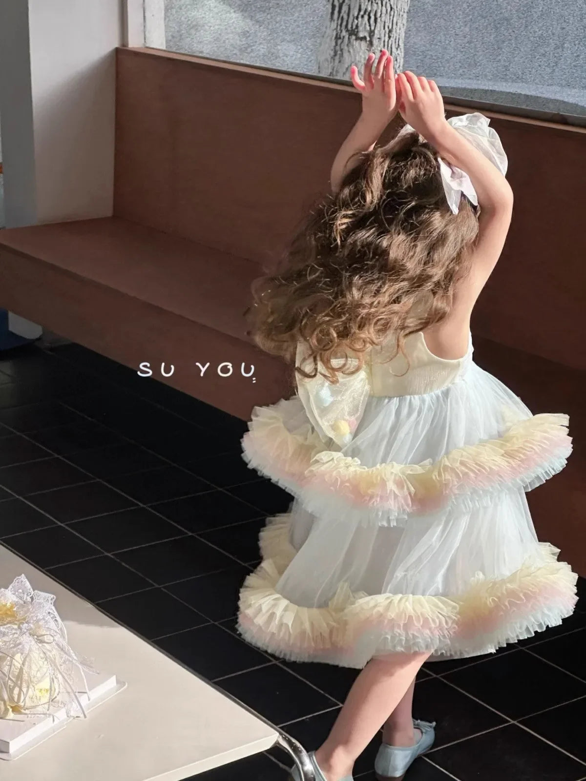 Sweet Baby Girls Elegant Rainbow Gradient Tutu Princess Cake Sundress Kids Tulle Ruffle Trim Puffy Birthday Party Casual Gown