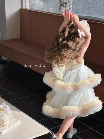 Sweet Baby Girls Elegant Rainbow Gradient Tutu Princess Cake Sundress Kids Tulle Ruffle Trim Puffy Birthday Party Casual Gown