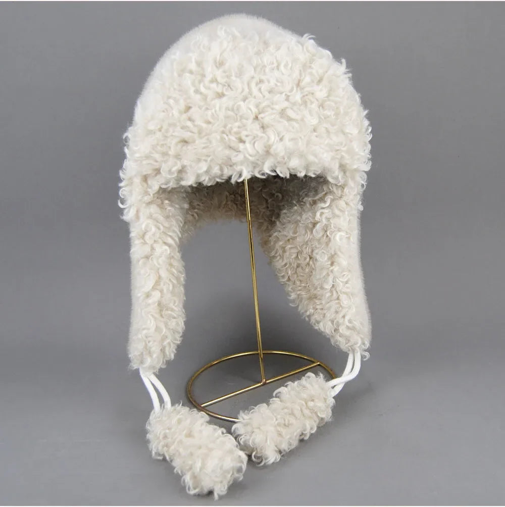 Real Fur Wool Hat Unisex New Winter Warm Bomber Russian Ushanka Hats With Ear Flaps Cow Leather Thick Snow Earflaps Baseball Cap