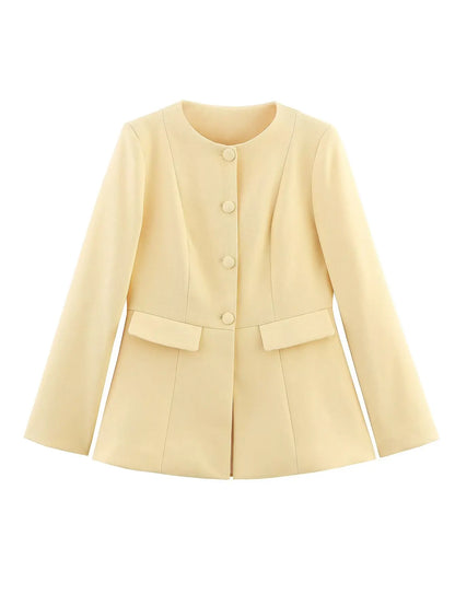 2025  women's new elegant fashion retro round neck cut waist slit long-sleeved casual suit jacket