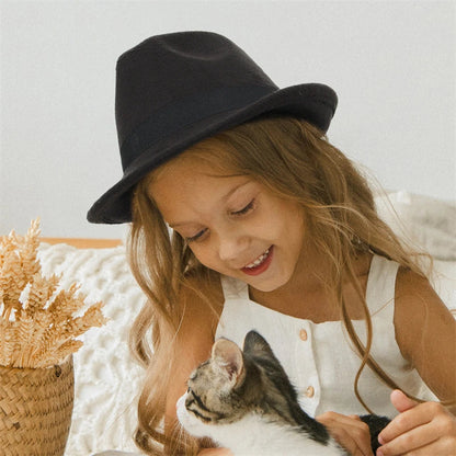Vintage Kids Rolled Brim Trilby Hat for Boys Girls Child Fedora Hat Autumn Winter Felt Jazz Cap