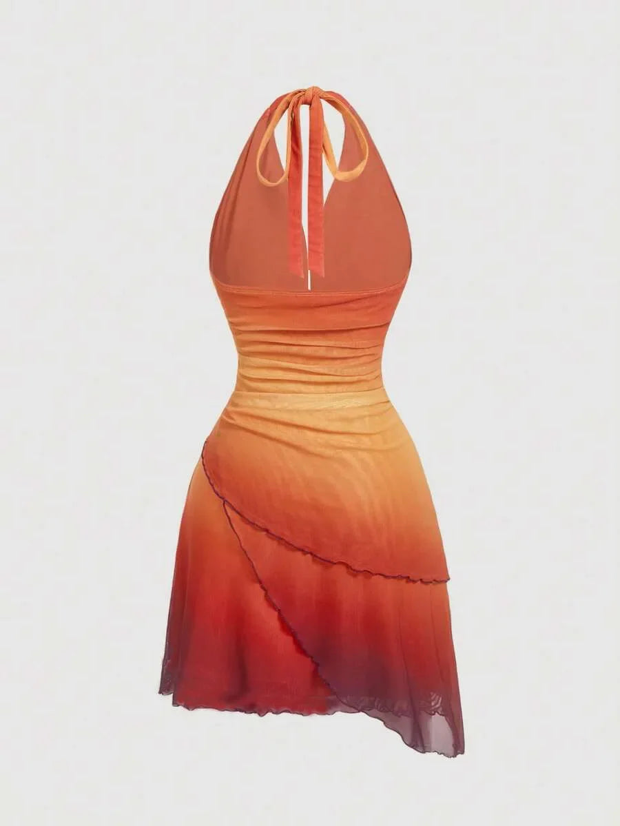 Gradient Bow Tie Strap Asymmetrical Backless Spaghetti Strap Dress