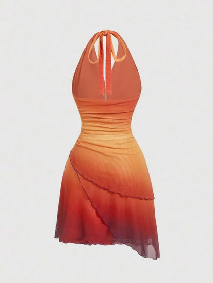 Gradient Bow Tie Strap Asymmetrical Backless Spaghetti Strap Dress