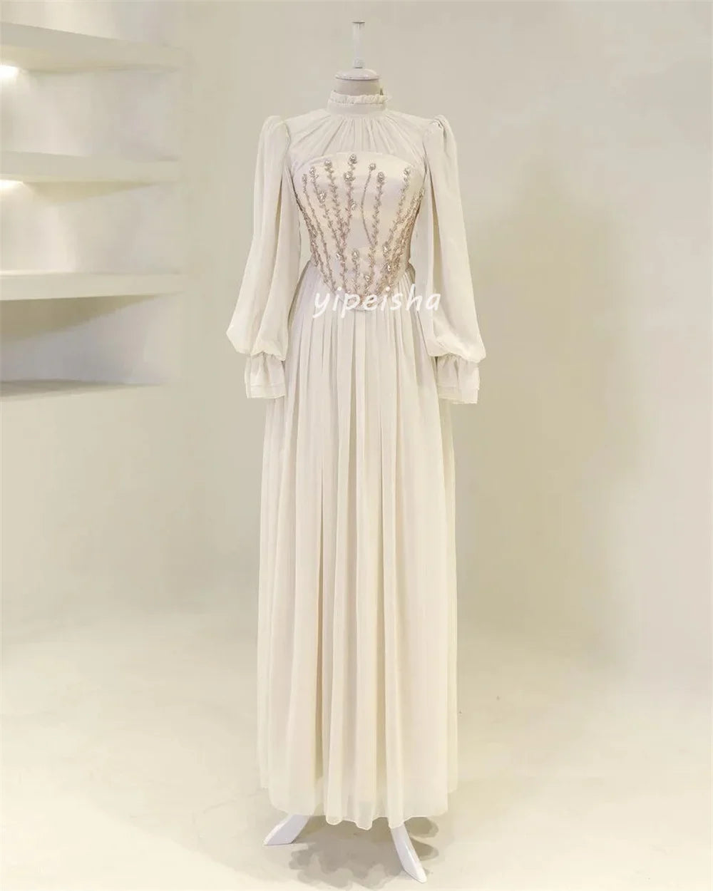 Customized Exquisite Chiffon Draped Sequined Rhinestone A-line High Collar Long Dresses Bespoke Occasion Dresses Formal Retro