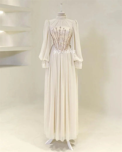 Customized Exquisite Chiffon Draped Sequined Rhinestone A-line High Collar Long Dresses Bespoke Occasion Dresses Formal Retro