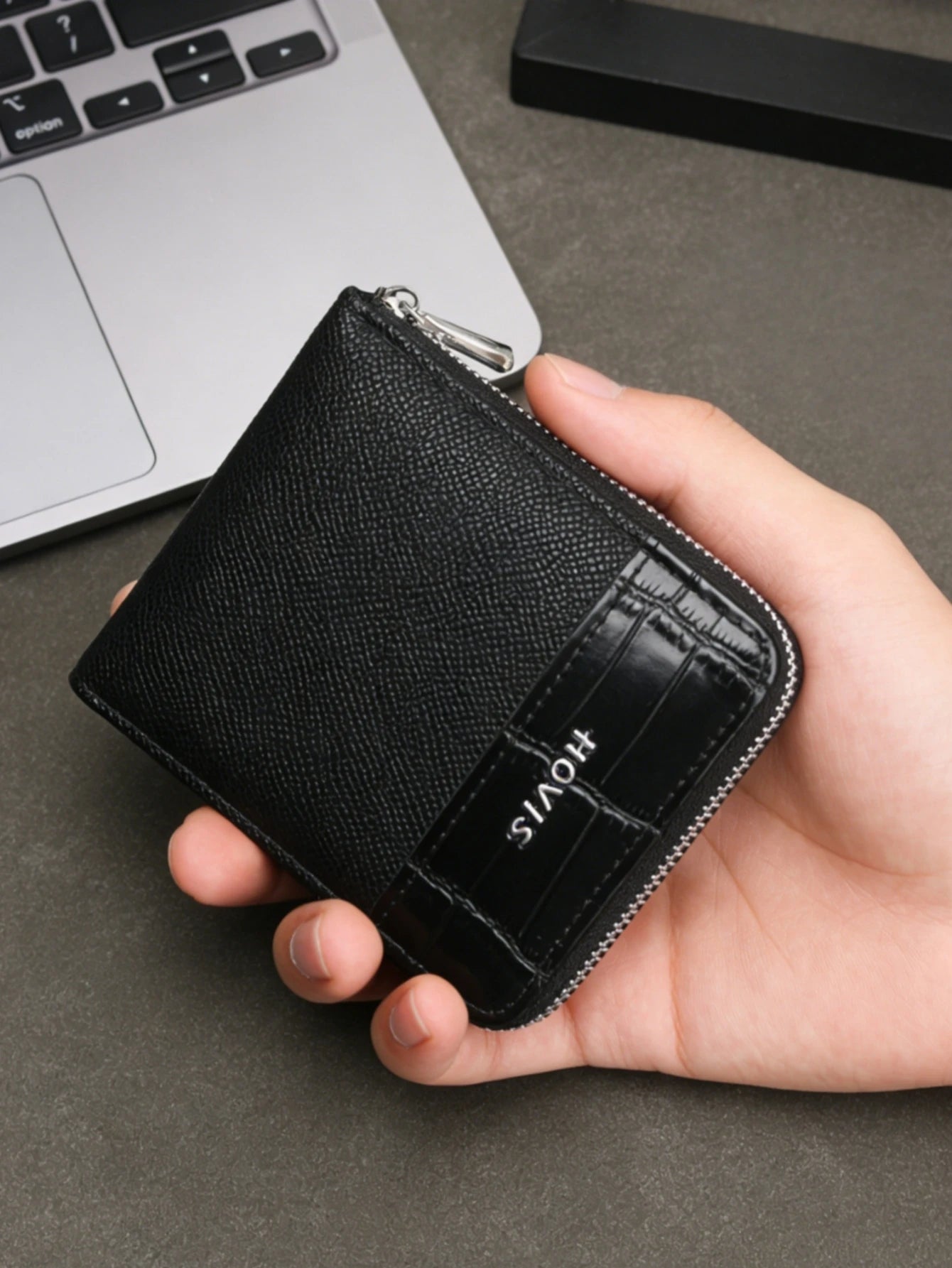 Men's Full Zip Around Bifold Short Wallet - Saffiano & Crocodile Embossed Leather Wallet with ID Window, Multi-Card Slots