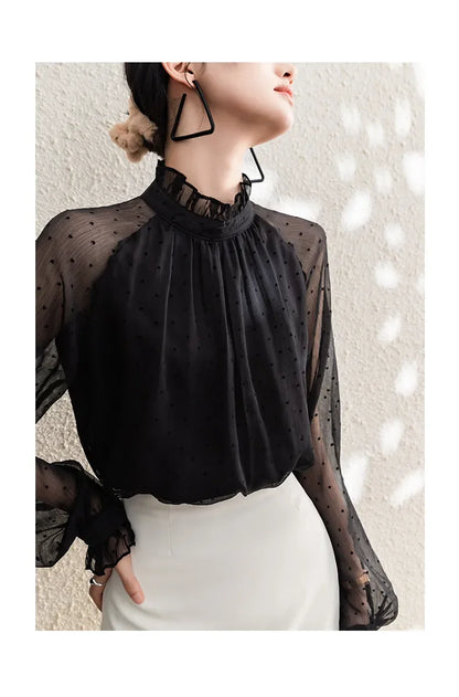 Spring Summer Black Polka Dots Mesh Women's Chiffon Blouses 2025 New Long Sleeve Stand Collar Vintage Loose Shirts Female