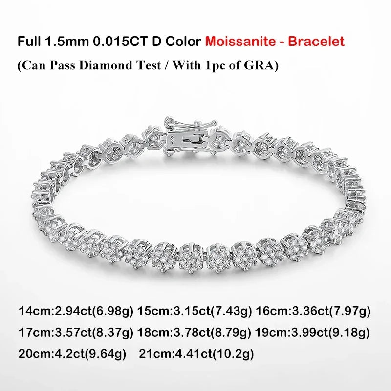 Flower Full 1.5mm D Color Moissanite Diamond Tennis Bracelet for Women 925 Silver GRA Certified Bridal Wedding Bangle Gift