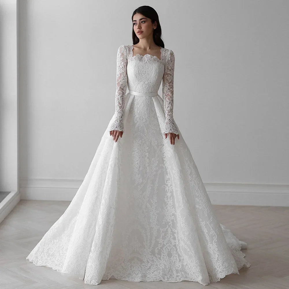 Gorgeous Lace Wedding Dress for Bride Customized Square Neck Long Sleeves Sweep Train Arabic Bridal Gown Vestido De Noiva