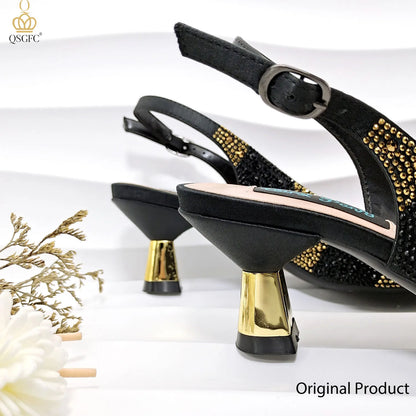 Ladies High Quality Women's Pumps Black Gold Shoes and Bag Set DURABLE OUTSOLE Italian Fashion Design For Nigeria Wedding