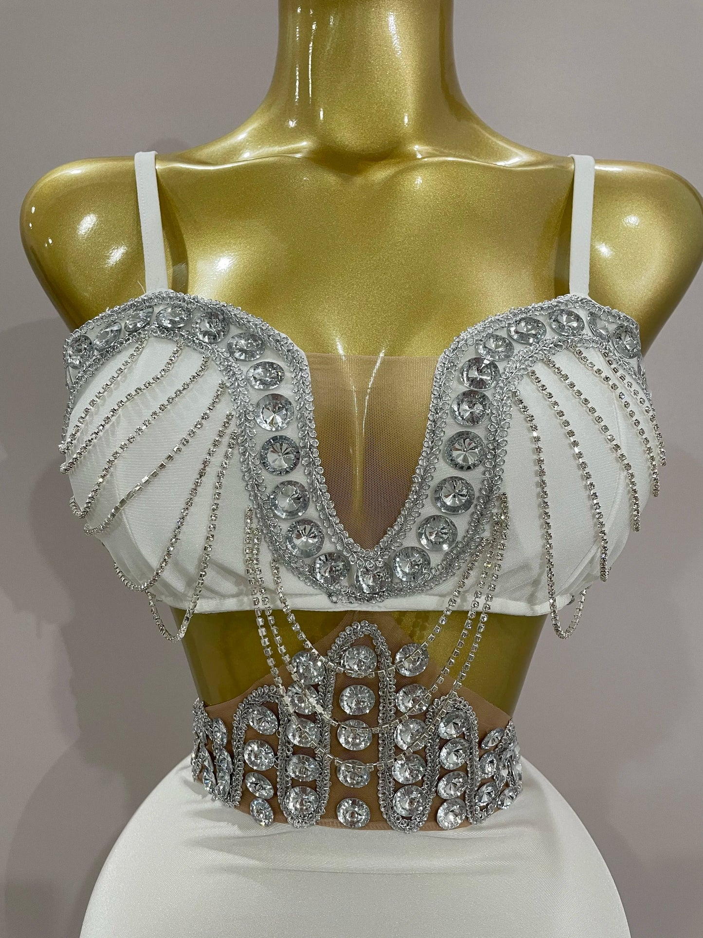 STOCK Luxury Shiny Diamond Chain White Sexy Sleeveless Bodycon Mini Dress 2025New Evening Birthday Party Nightclub Stage Costume