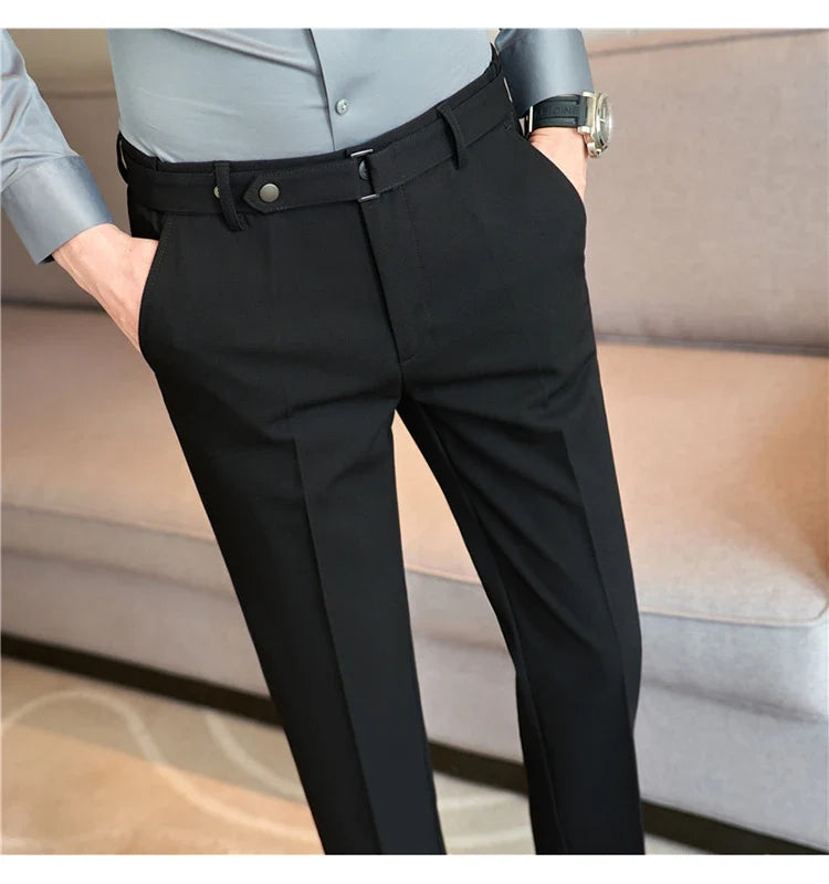 Fashion Belt Decoration Design Men's Suit Pants High Quality Business Slim Fit Casual Straight Formal Wedding Party Trousers