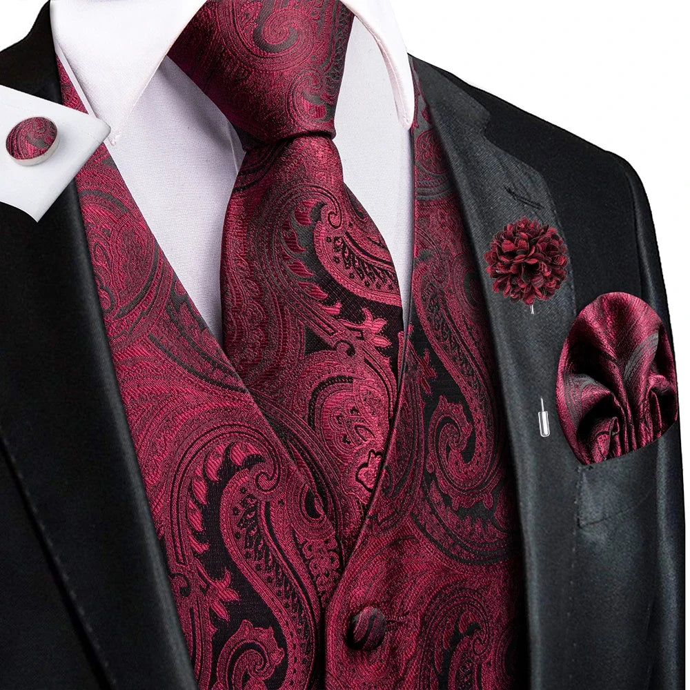 Luxury Gold Black Mens Vests Print Jacquard Waistcoat Tie Hanky Cufflinks Brooch Set for Men Wedding Formal Business Hi-Tie
