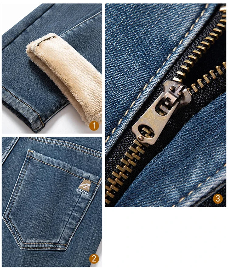 Winter Fleecy Thickened Warm Jeans Vintage Brand Classic Retro Youth Fashion Men Fit Straight Leg Casual Stretch Denim Pants