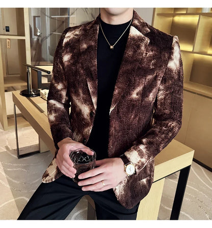 High QualityTie Dye Chenille Men Fashion Casual Suit Jacket Autumn Winter New Korean Slim Fit Social Wedding Suit Blazer