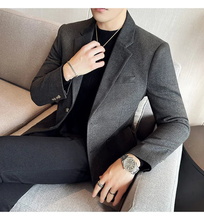 Autumn  Winter New Fine Striped Woolen Suit Jacket Men Casual Business Slim Fit Party Dress Formal Wedding Fashion Suit Coat