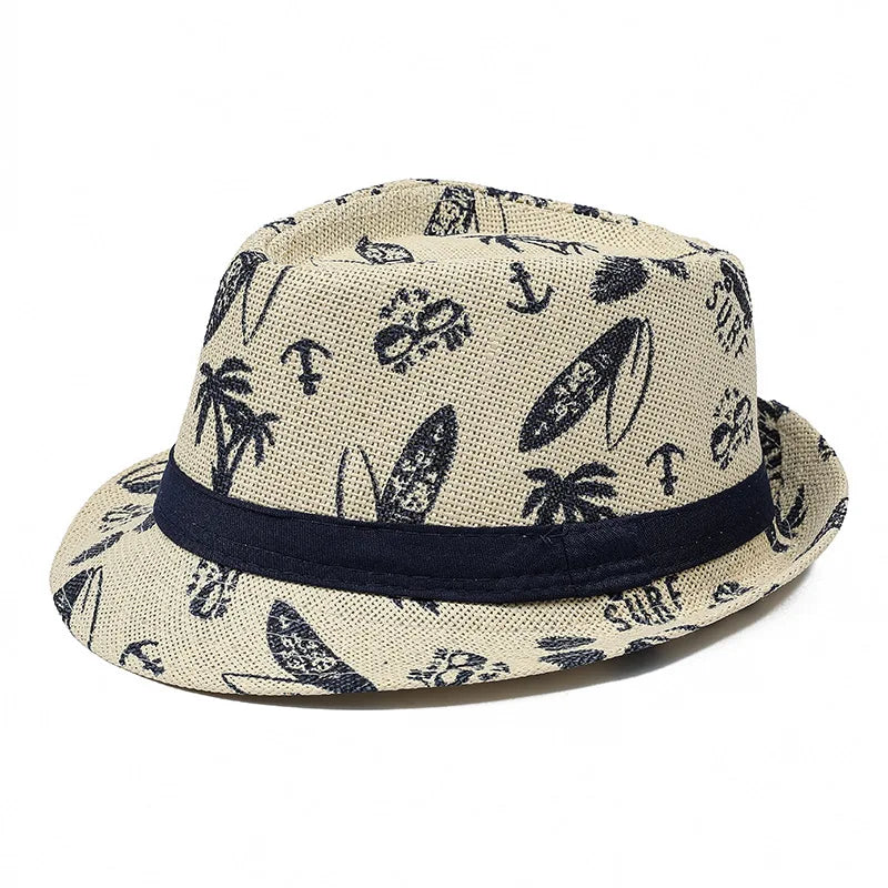2026 Men's Breathable Straw Fedora Hat with Tropical Print UV Protection Beach Vacation Casual Jazz Cap for Summer