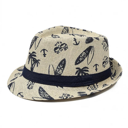 2026 Men's Breathable Straw Fedora Hat with Tropical Print UV Protection Beach Vacation Casual Jazz Cap for Summer