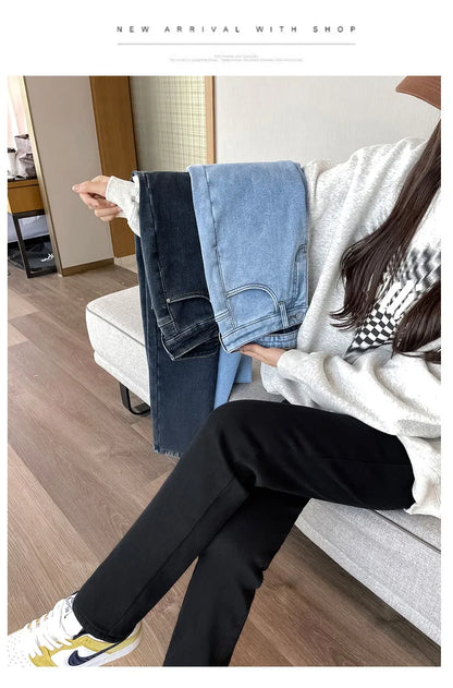 Black 2024 Winter Straight Fleece Jeans Women Casual Vintage Warm Thick Loose High Waist Elastic Velvet Denim Pants