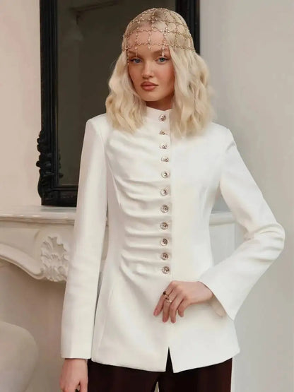 Women 2026 Spring Autumn Mandarin Collar Blazer Ruched Front Multi Row Buttons Long Sleeve Fit Formal Office Outerwear Coat