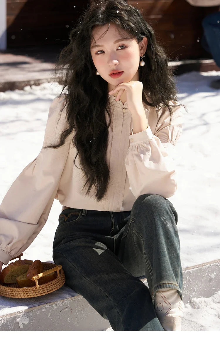 French Autumn Winter Button Up Lantern Long Sleeve Shirts Women Ruffle Neck Thick Warm Blouse Flannel Shirt MXC56X1320