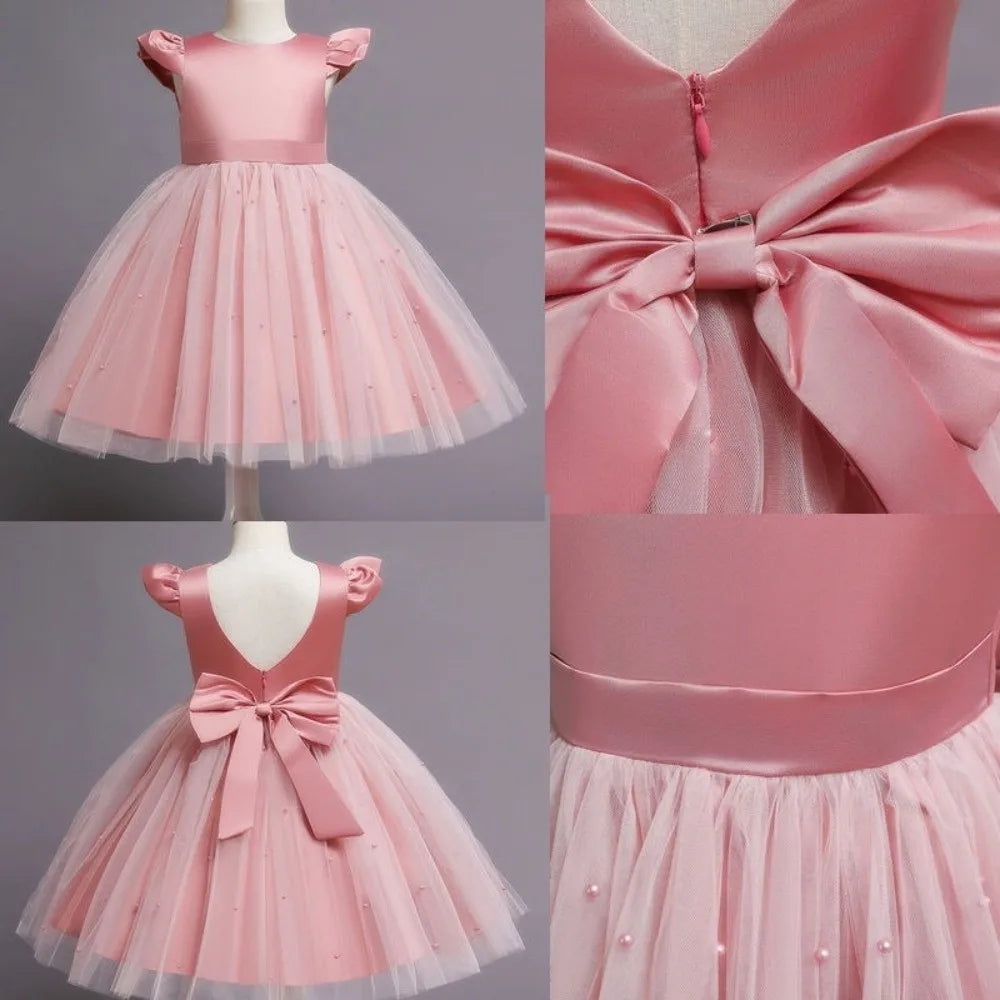 Fashion Red Pink Children's Bow Princess Dress‌ Big Bow Backless Girls Puffy Dress Tulle Flower Girl Dress Wedding Gown