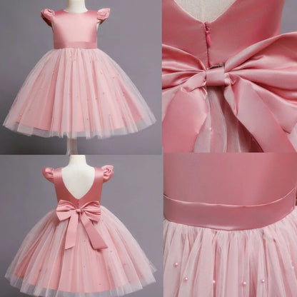 Fashion Red Pink Children's Bow Princess Dress‌ Big Bow Backless Girls Puffy Dress Tulle Flower Girl Dress Wedding Gown