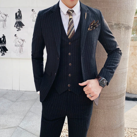 (Blazer+Vest+Pants) 2024 New Striped  Wedding Suits  for Men Three Piece Business Casual Party Multi-Occasion Slim Dress