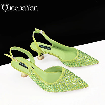 Coffee Color Elegant Lady Shoes And Bag Set with Full Rhinestone Embellished Pearls-knot And Comfortable Heel