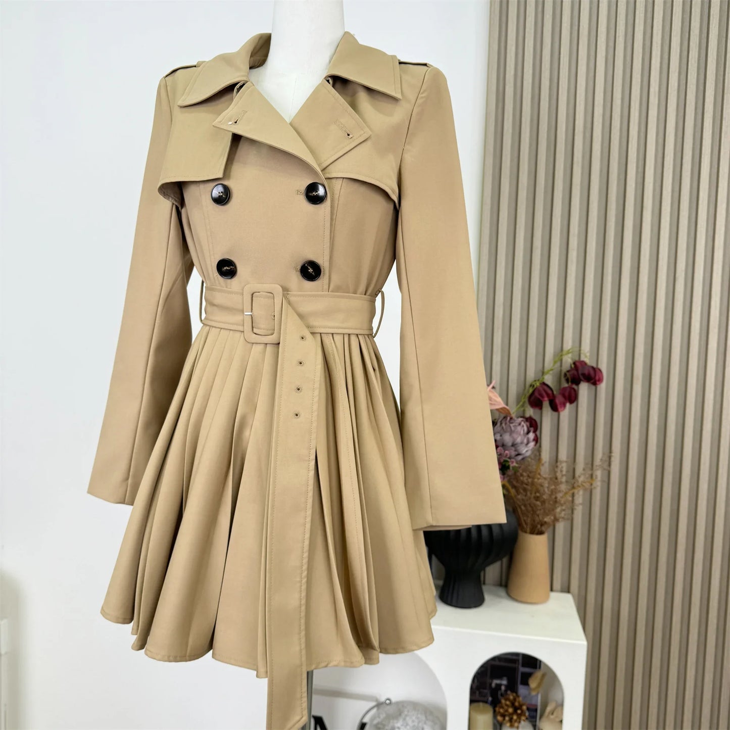 New Autumn Winter Women's Windbreaker Dress Mini Skirt Long Sleeve Empire Waistline Outerwear Female Long Coat N967