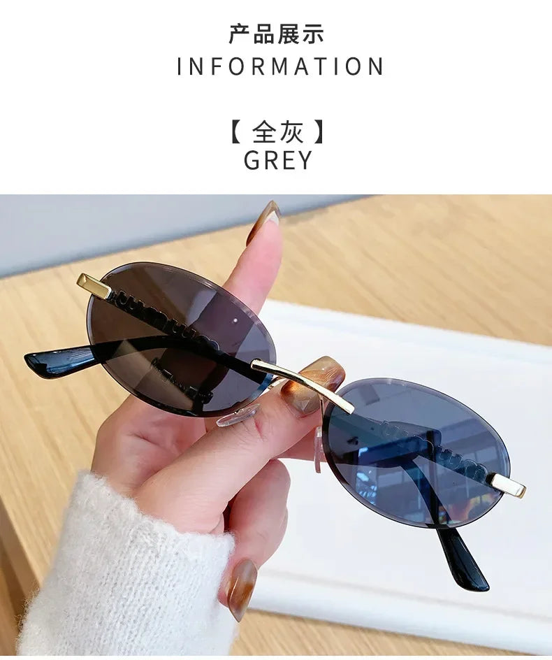 New Oval Rimless Sunglasses Women Luxury Fashion Narrow Sun Glasses Shades Trendy Elegant Diamond Eyewear Lentes De Sol Mujer