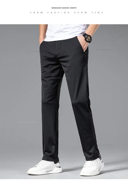 Ultra-thin Ice Silk Cool Men's  Casual Pants Summer New High Elasticity Quick-drying Drape Business Straight Trousers Black Gray