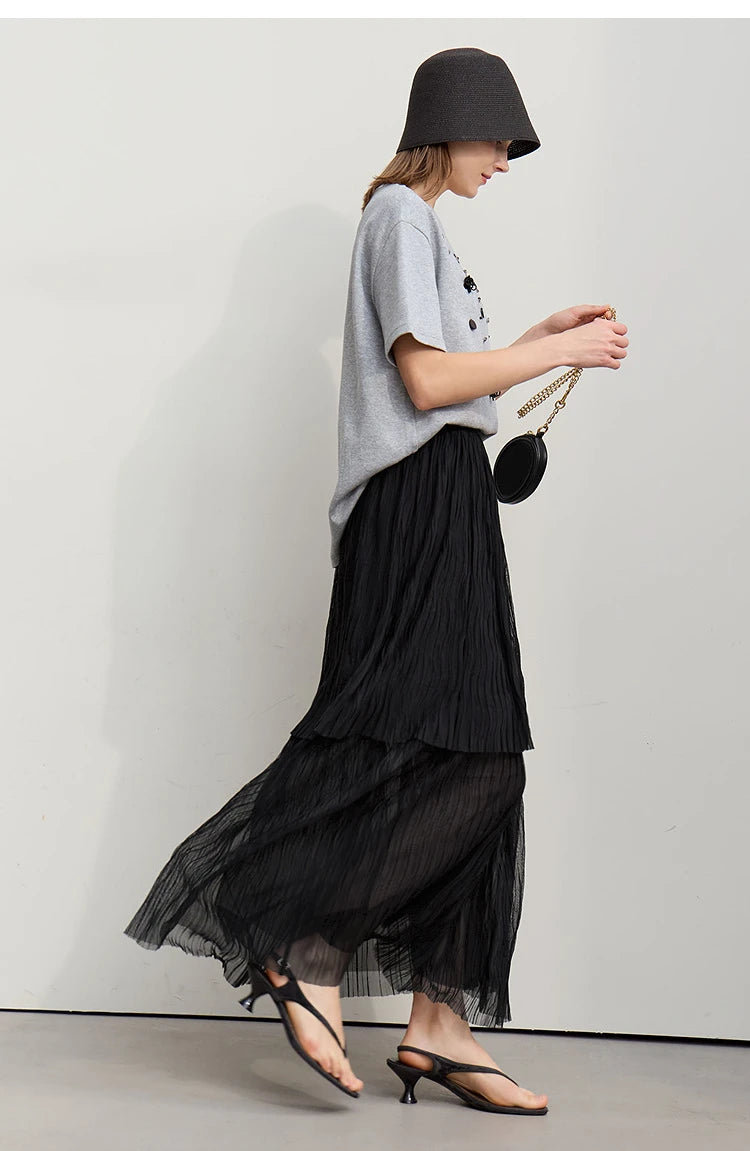 Long Skirt 2026 Spring New Casual Vacation Waist Pleated Mesh Long Skirt Women Loose Solid Versatile Woman Clothes 12621001