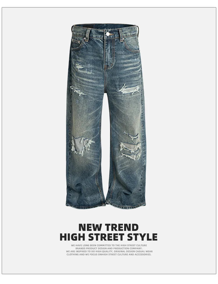 Unisex Retro Washed Aged Ripped Straight Leg Blue Jeans Torn Hole Z029#