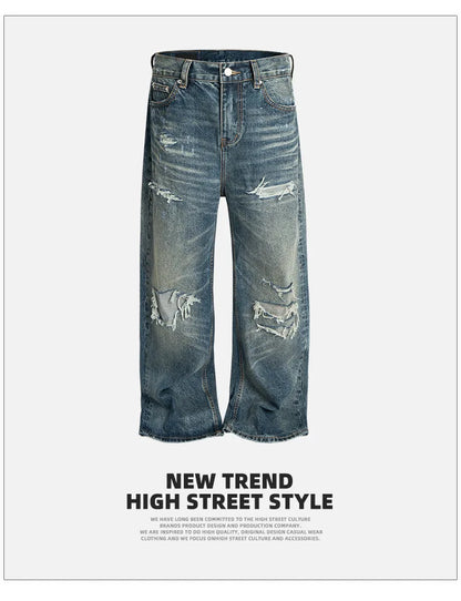 Unisex Retro Washed Aged Ripped Straight Leg Blue Jeans Torn Hole Z029#