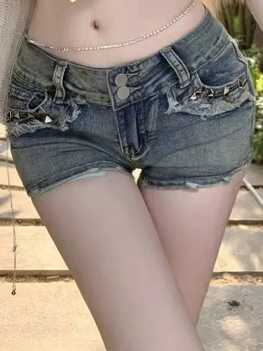 American vintage hot girl denim shorts female summer new low waist show thin high street design feeling pack hip ultra short hot