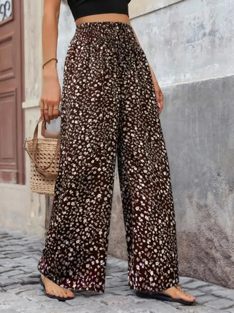 Women Fashion Plus Size 1XL-5XL Floral Print Wide Leg Pants Female Casual  Elegant Drawstring High Waisted Loose Long Trousers