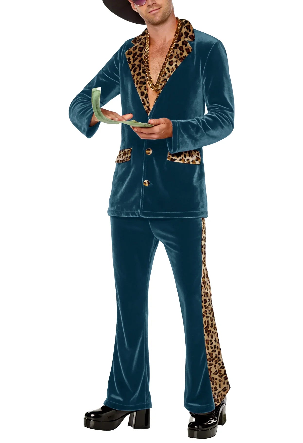 Luxury Men's Velvet Suit Notch Lapel Jacket Leopard Print Patchwork Trim Wide Leg Flare Trousers Tuxedo Cosplay Prom Event