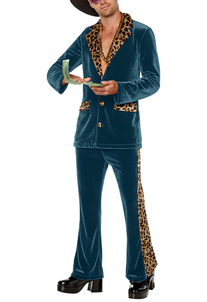 Luxury Men's Velvet Suit Notch Lapel Jacket Leopard Print Patchwork Trim Wide Leg Flare Trousers Tuxedo Cosplay Prom Event