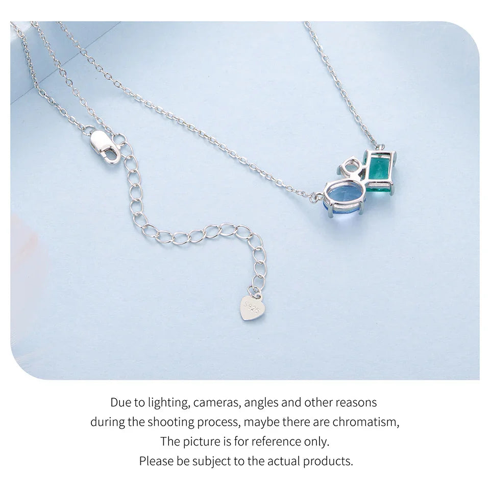 925 Sterling Silver Necklace Blue Green Stone  White Gold Zirconia Pendant Adjustable Chain for Women Fine Jewelry Gift