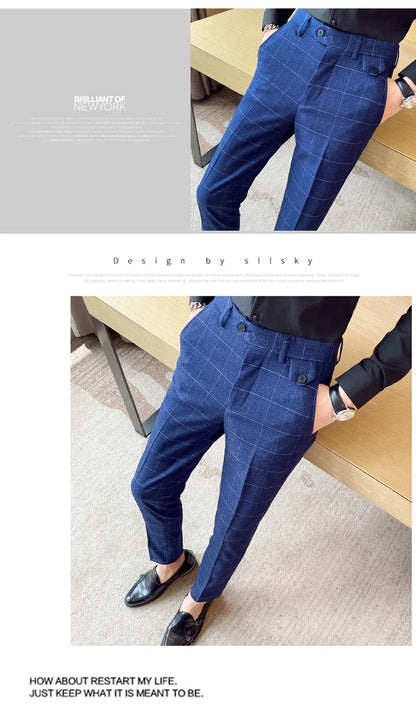 Boutique Classic Plaid and Striped Fashion Men's Casual Business Slim Suit Pants Groom Wedding Dress Trousers Party