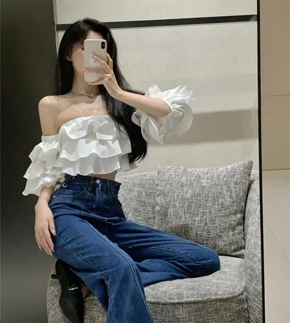 Off Shoulder Fashion Woman Blouse Stacked Ruffles Crop Top Shirt Summer Designer Short Sleeve Chiffon Sexy 2023 New