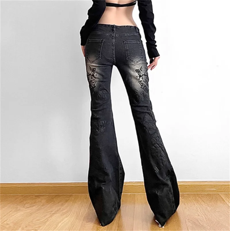 Women Gothic Y2k Flare Jeans Harajuku Baggy Denim Trousers 90s Aesthetic Low Waist Jean Pants Vintage 2000s Trashy Clothes 2024