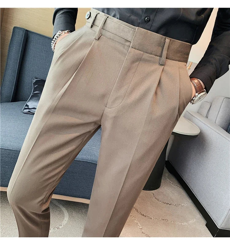 Autumn Winter High Quality Solid Casual Pants Men Belt Design Slim Fit Trousers Formal Office Business Social Party Suit Pants